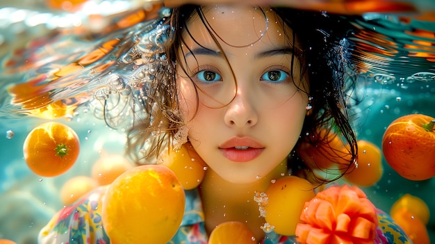 Portrait of woman swimming in summertime with tropical fruits