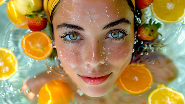 Free Photo portrait of woman swimming in summertime with tropical fruits