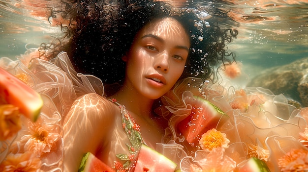 Free photo portrait of woman swimming in summertime with tropical fruits