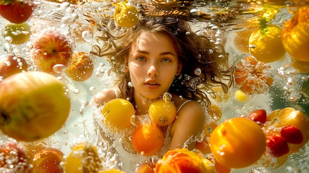 Portrait of woman swimming in summertime with tropical fruits