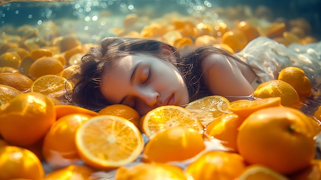 Portrait of woman swimming in summertime with tropical fruits