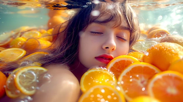 Portrait of woman swimming in summertime with tropical fruits