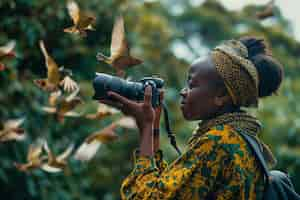 Free photo portrait of woman taking photo with device for world photography day