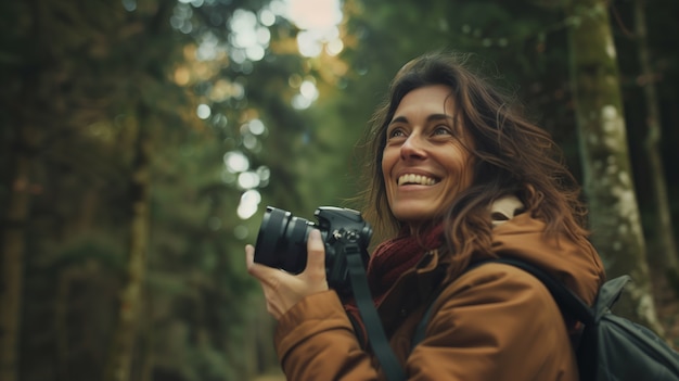 Portrait of woman taking photo with device for world photography day