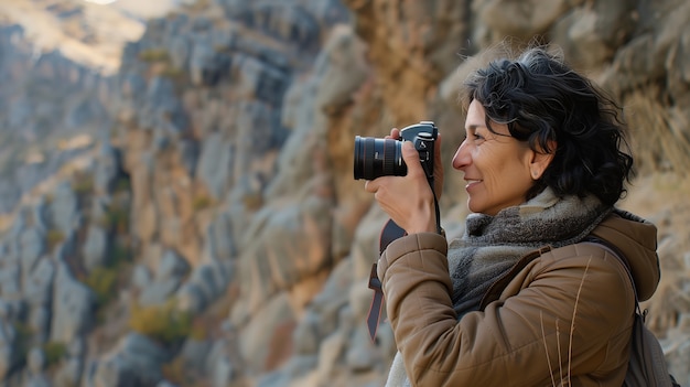 Portrait of woman taking photo with device for world photography day