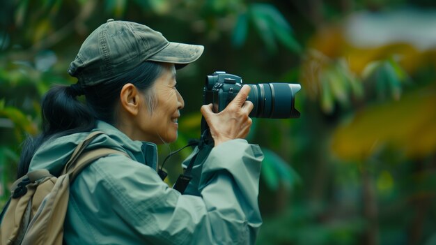 Portrait of woman taking photo with device for world photography day