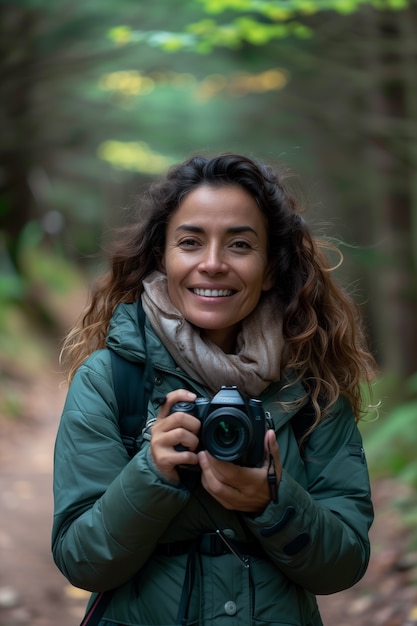 Free Photo portrait of woman taking photo with device for world photography day