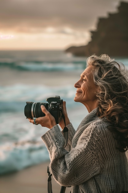 Free photo portrait of woman taking photo with device for world photography day