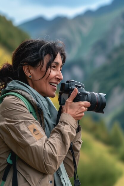 Portrait of woman taking photo with device for world photography day