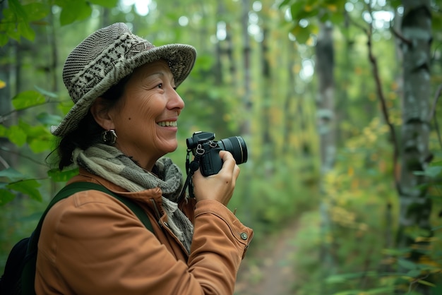 Portrait of woman taking photo with device for world photography day