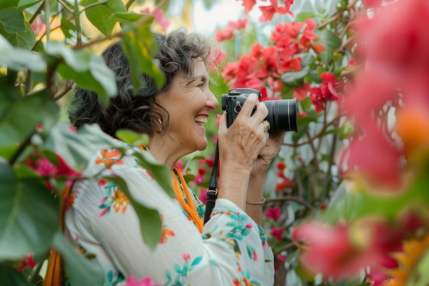 Portrait of woman taking photo with device for world photography day