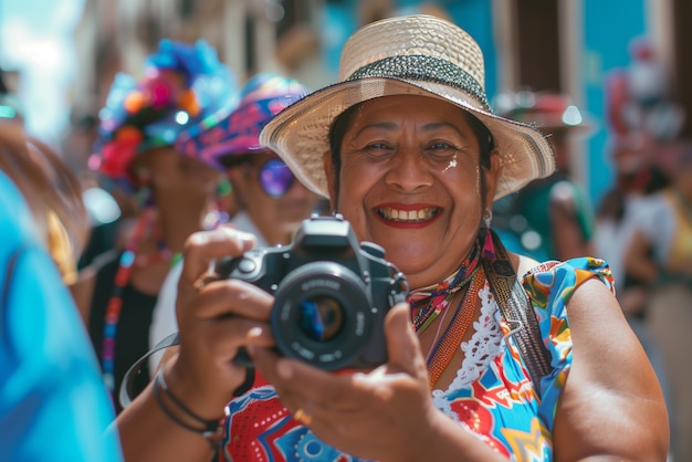 Free photo portrait of woman taking photo with device for world photography day