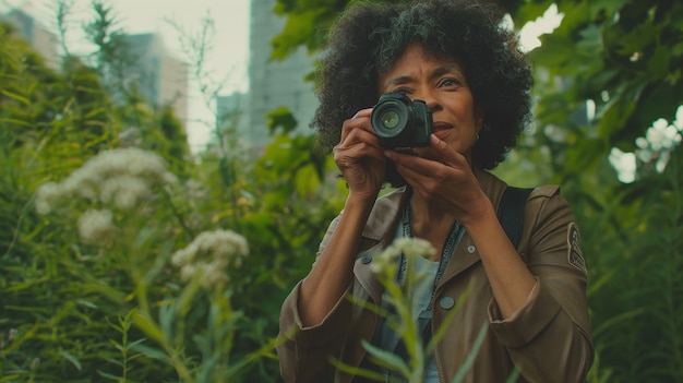 Portrait of woman taking photo with device for world photography day