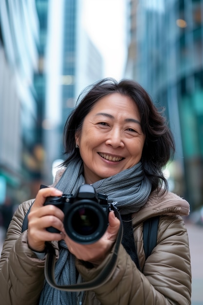 Portrait of woman taking photo with device for world photography day