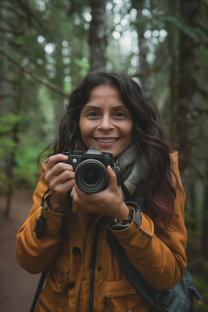 Free photo portrait of woman taking photo with device for world photography day