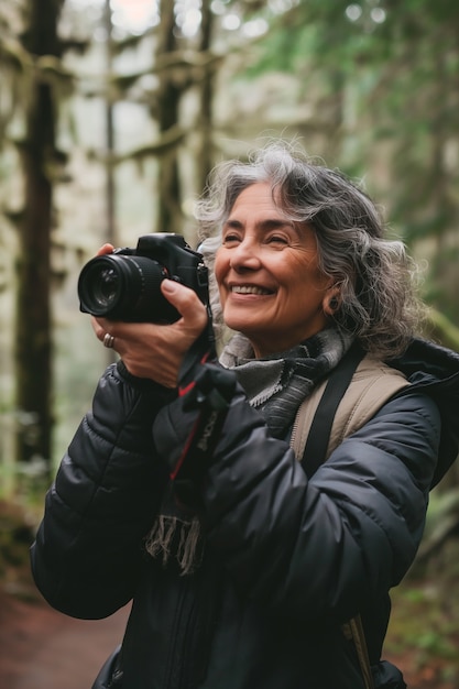 Free Photo portrait of woman taking photo with device for world photography day