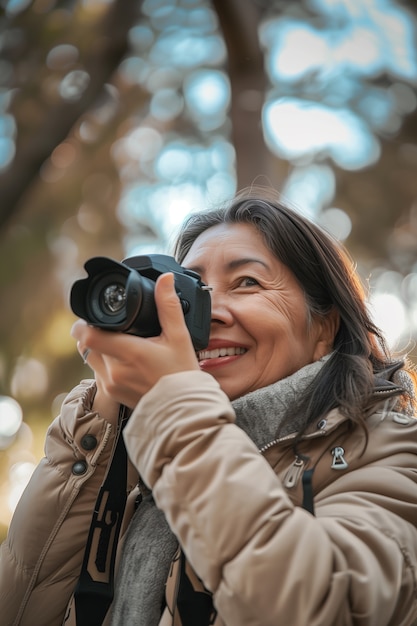 Free photo portrait of woman taking photo with device for world photography day