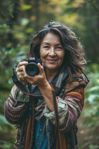 Portrait of woman taking photo with device for world photography day