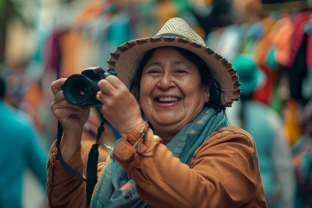 Portrait of woman taking photo with device for world photography day