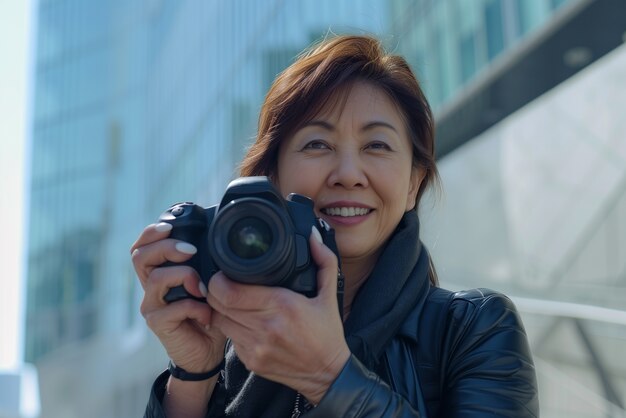 Portrait of woman taking photo with device for world photography day