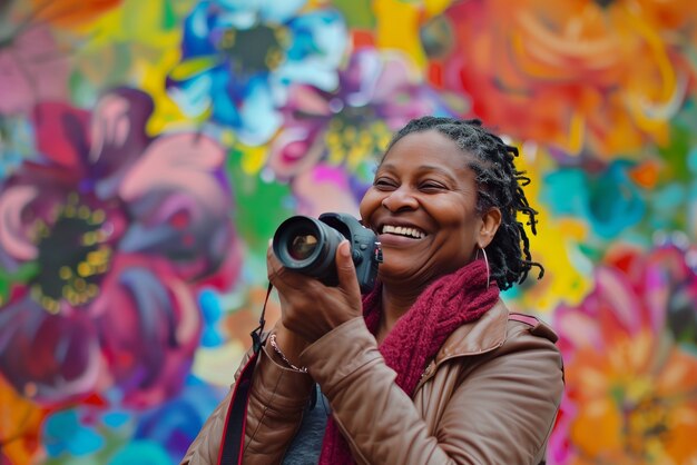 Portrait of woman taking photo with device for world photography day