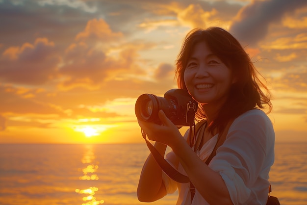 Portrait of woman taking photo with device for world photography day