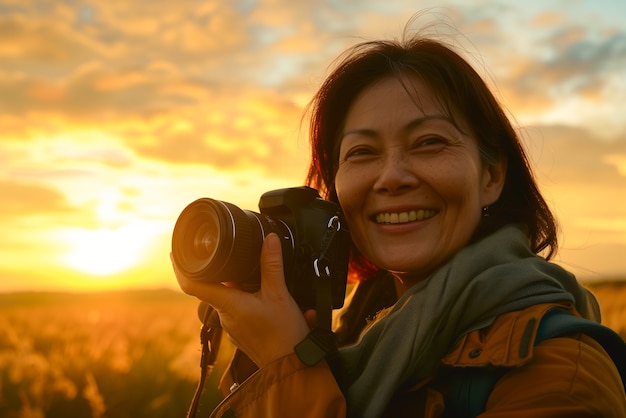 Portrait of woman taking photo with device for world photography day