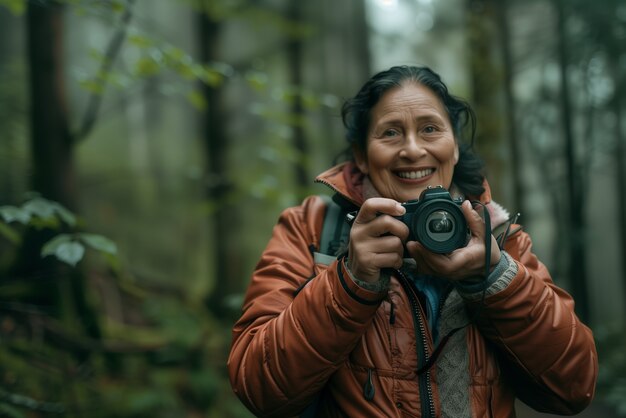 Portrait of woman taking photo with device for world photography day