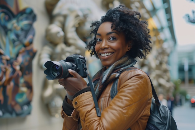 Portrait of woman taking photo with device for world photography day