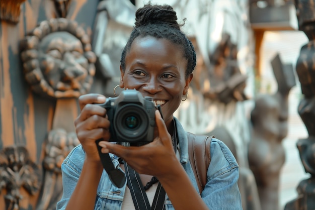 Portrait of woman taking photo with device for world photography day