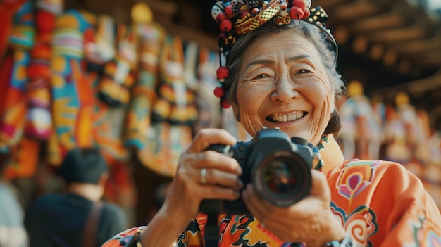 Portrait of woman taking photo with device for world photography day