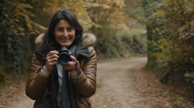 Portrait of woman taking photo with device for world photography day