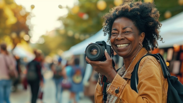 Portrait of woman taking photo with device for world photography day