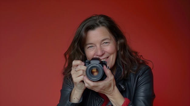 Portrait of woman taking photo with device for world photography day