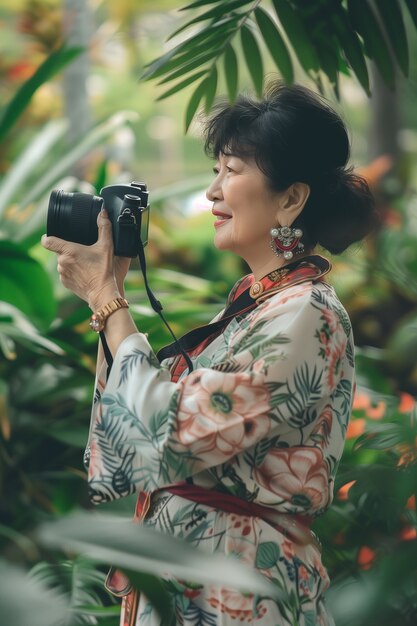 Portrait of woman taking photo with device for world photography day