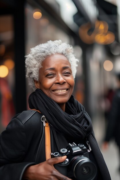 Portrait of woman taking photo with device for world photography day