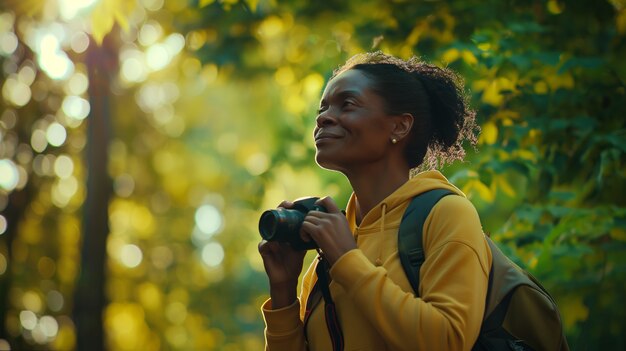 Portrait of woman taking photo with device for world photography day