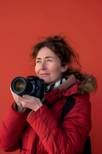 Free photo portrait of woman taking photo with device for world photography day