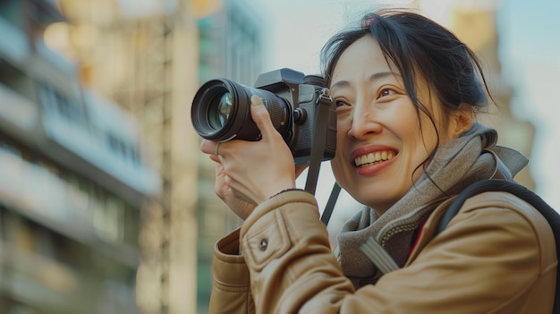 Portrait of woman taking photo with device for world photography day