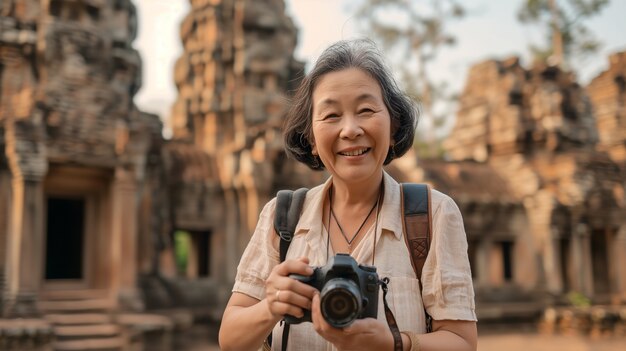 Portrait of woman taking photo with device for world photography day