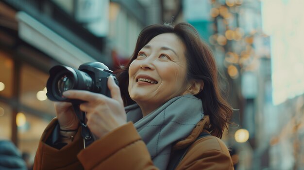 Portrait of woman taking photo with device for world photography day