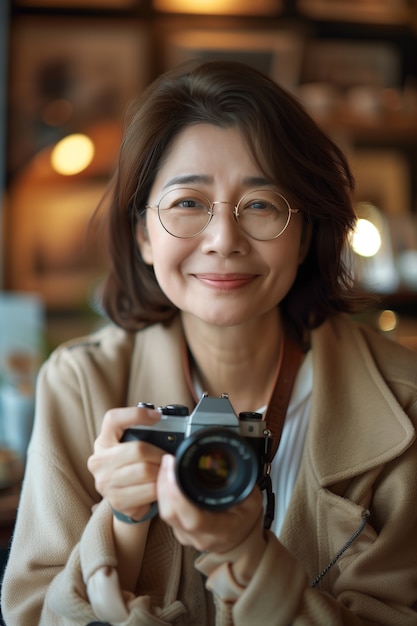 Portrait of woman taking photo with device for world photography day