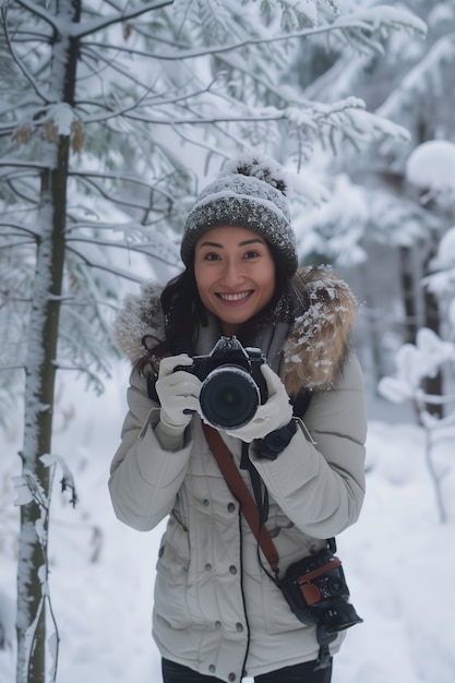 Free photo portrait of woman taking photo with device for world photography day