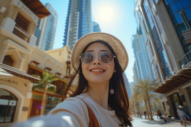 Free photo portrait of woman visiting the luxurious city of dubai