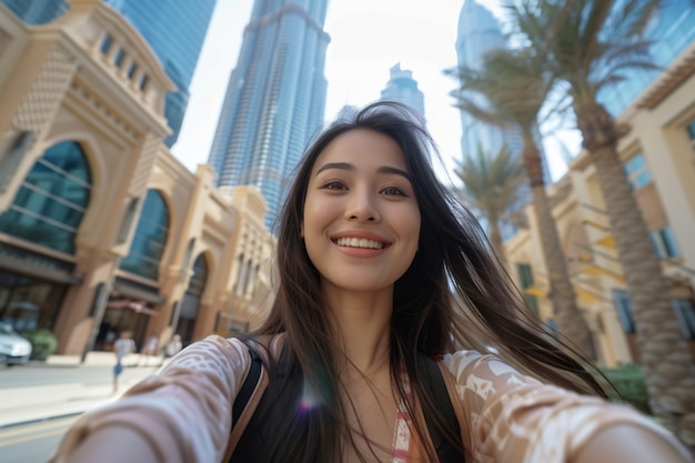 Free Photo portrait of woman visiting the luxurious city of dubai