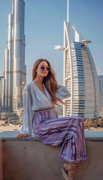 Free photo portrait of woman visiting the luxurious city of dubai