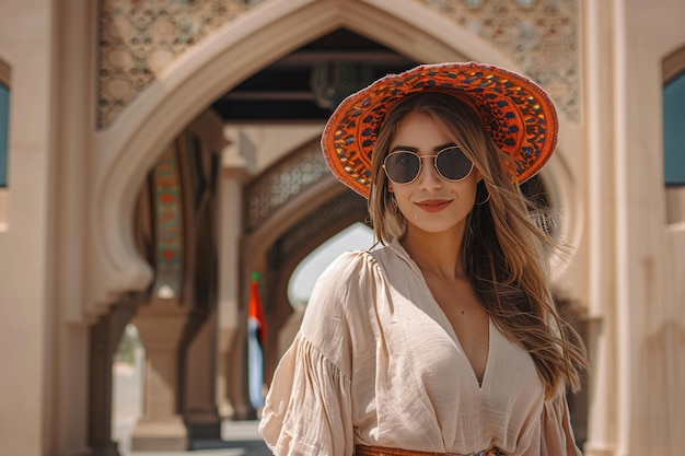 Free photo portrait of woman visiting the luxurious city of dubai