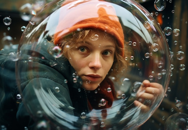 Free photo portrait of woman with clear bubble