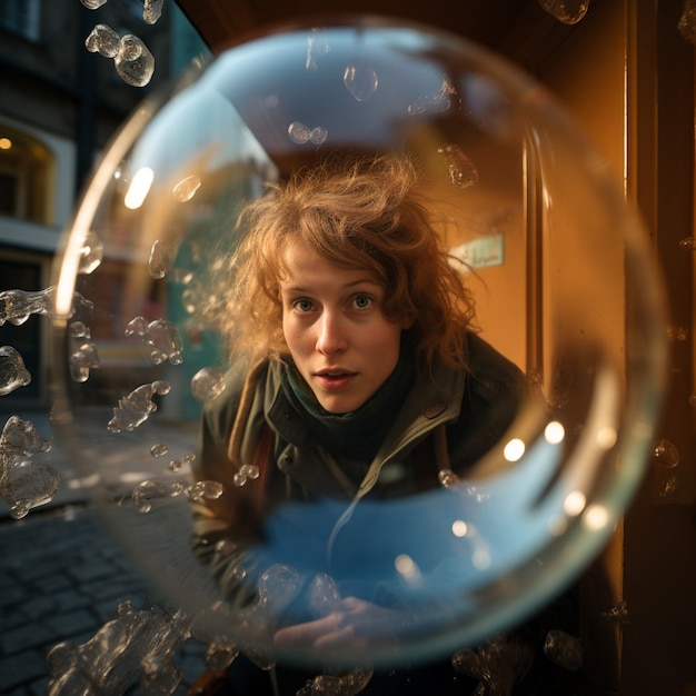 Free photo portrait of woman with clear bubble