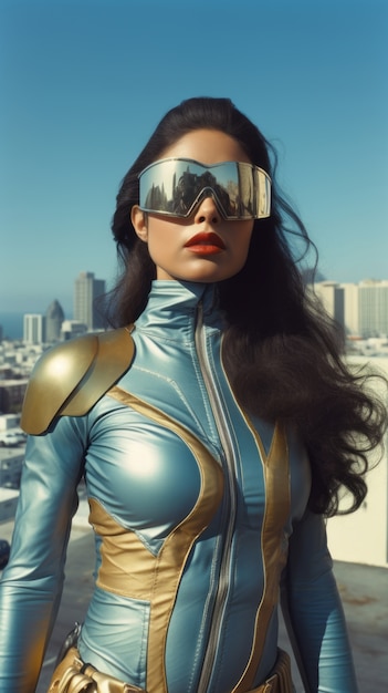 Portrait of woman with cool futuristic superhero suit